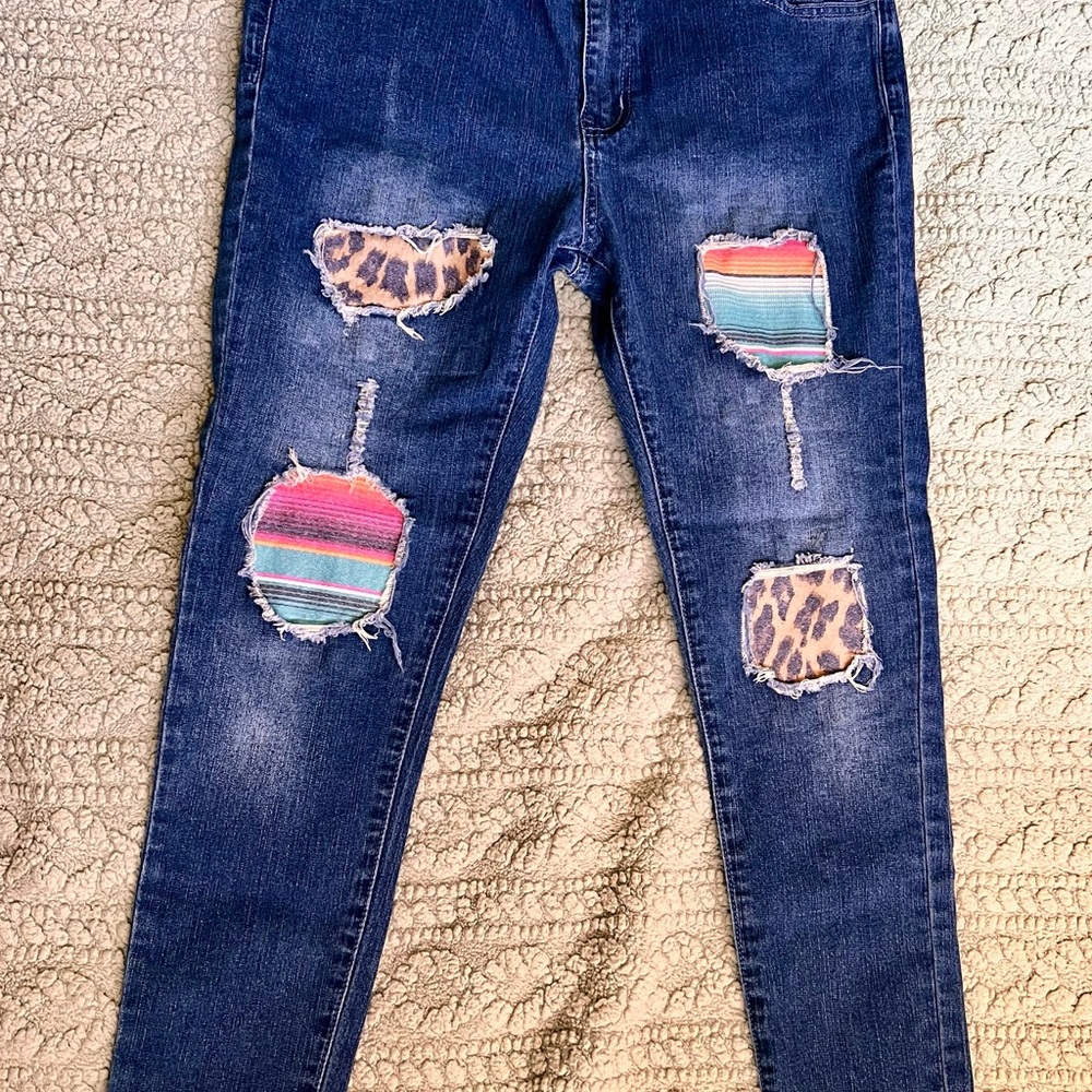 Crazy Train Blue Jeans with Colorful Patchwork